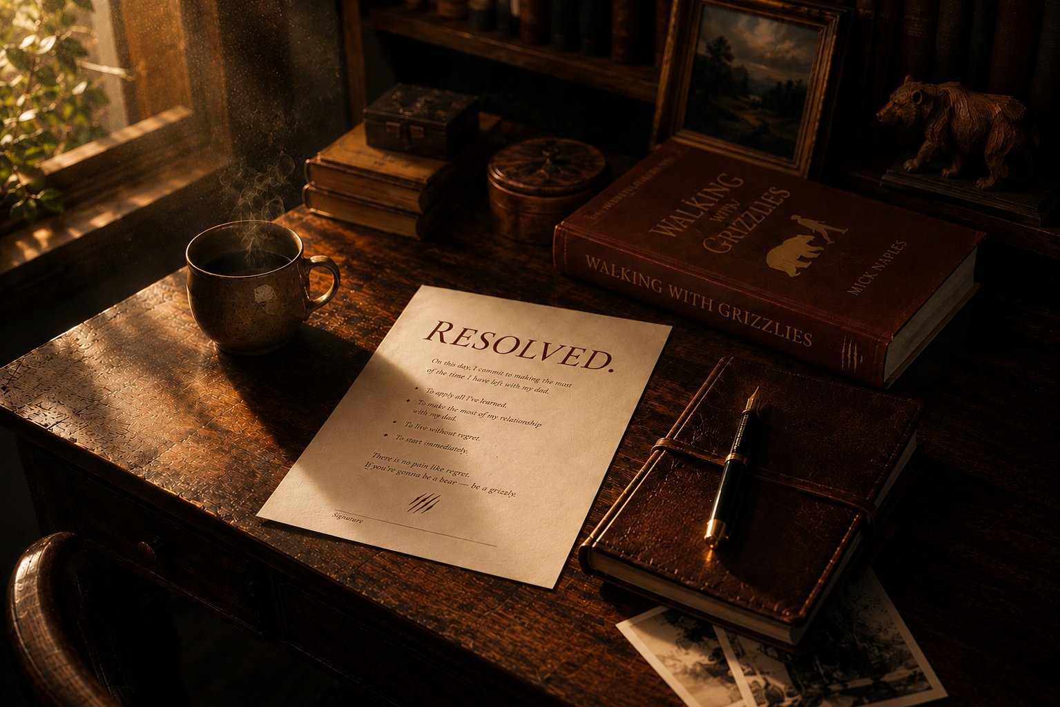 The Resolution resting on a writing desk beside the Walking with Grizzlies book, a fountain pen, and a cup of coffee in warm morning light.