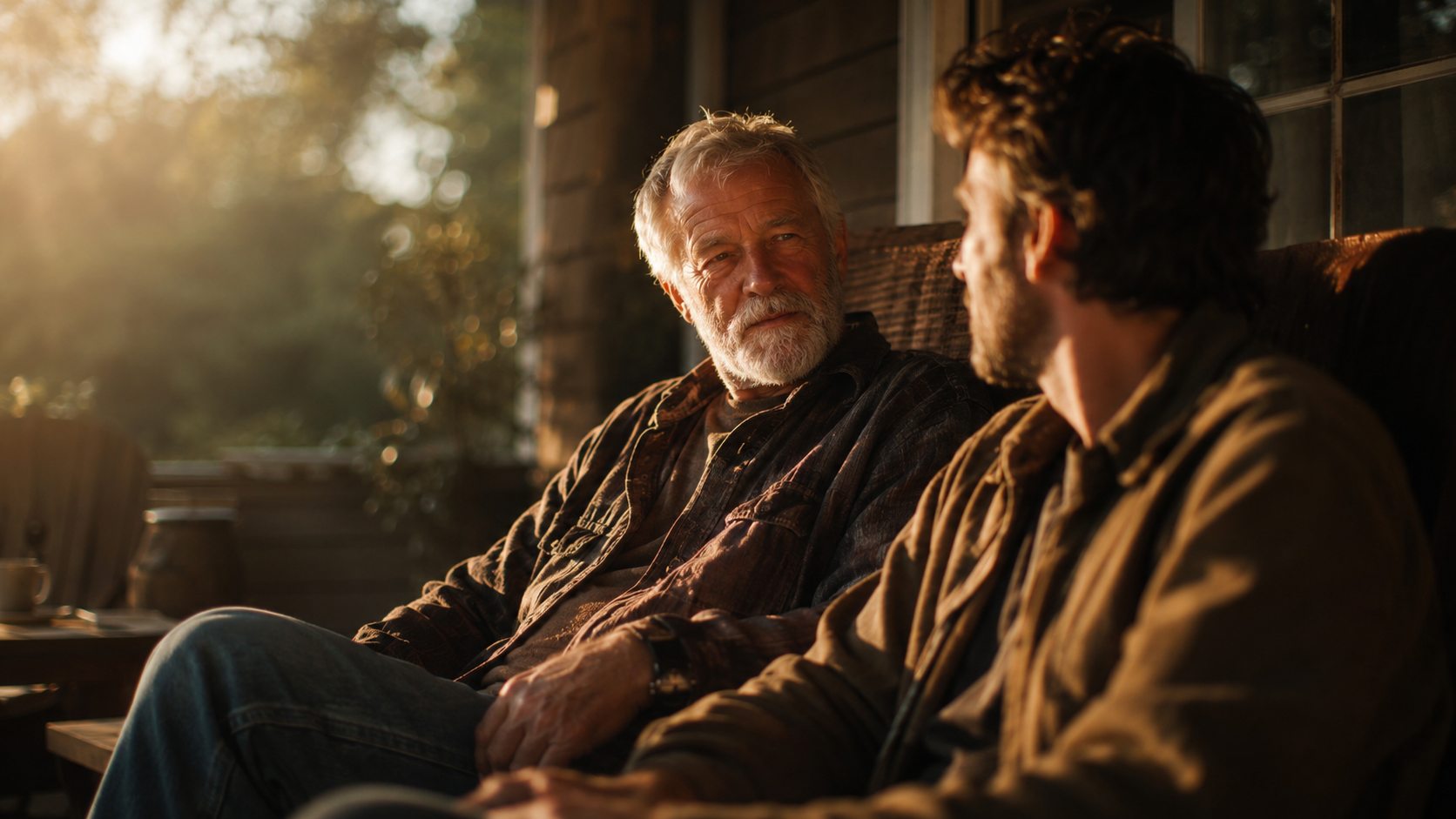 An older father and his adult son sitting together on a porch at golden hour, in quiet conversation.