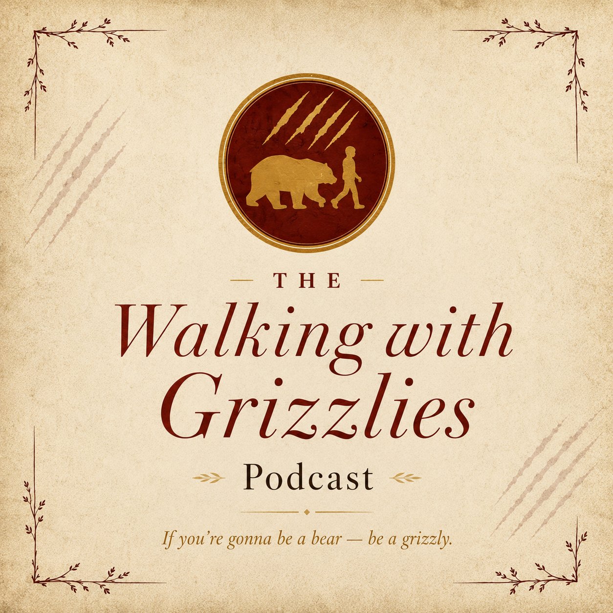 The Walking with Grizzlies Podcast cover art — a gold bear-and-boy seal with claw marks on aged parchment.