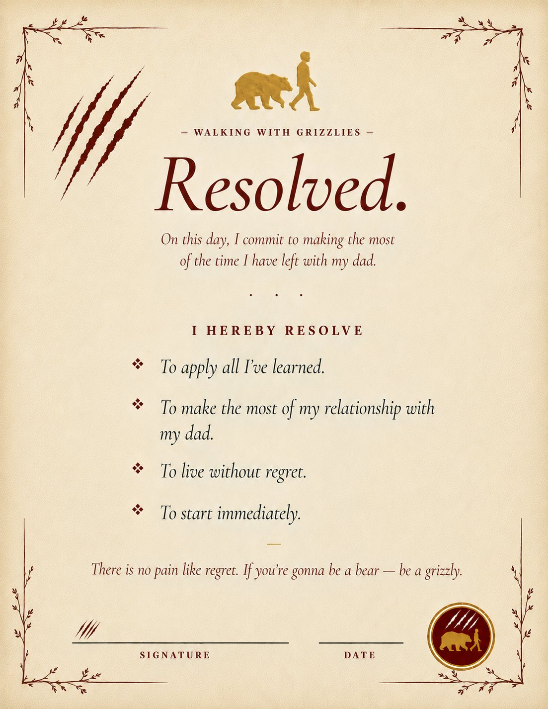The Resolution — a one-page covenant headed 'Resolved.' with four commitments, ready to sign and date.